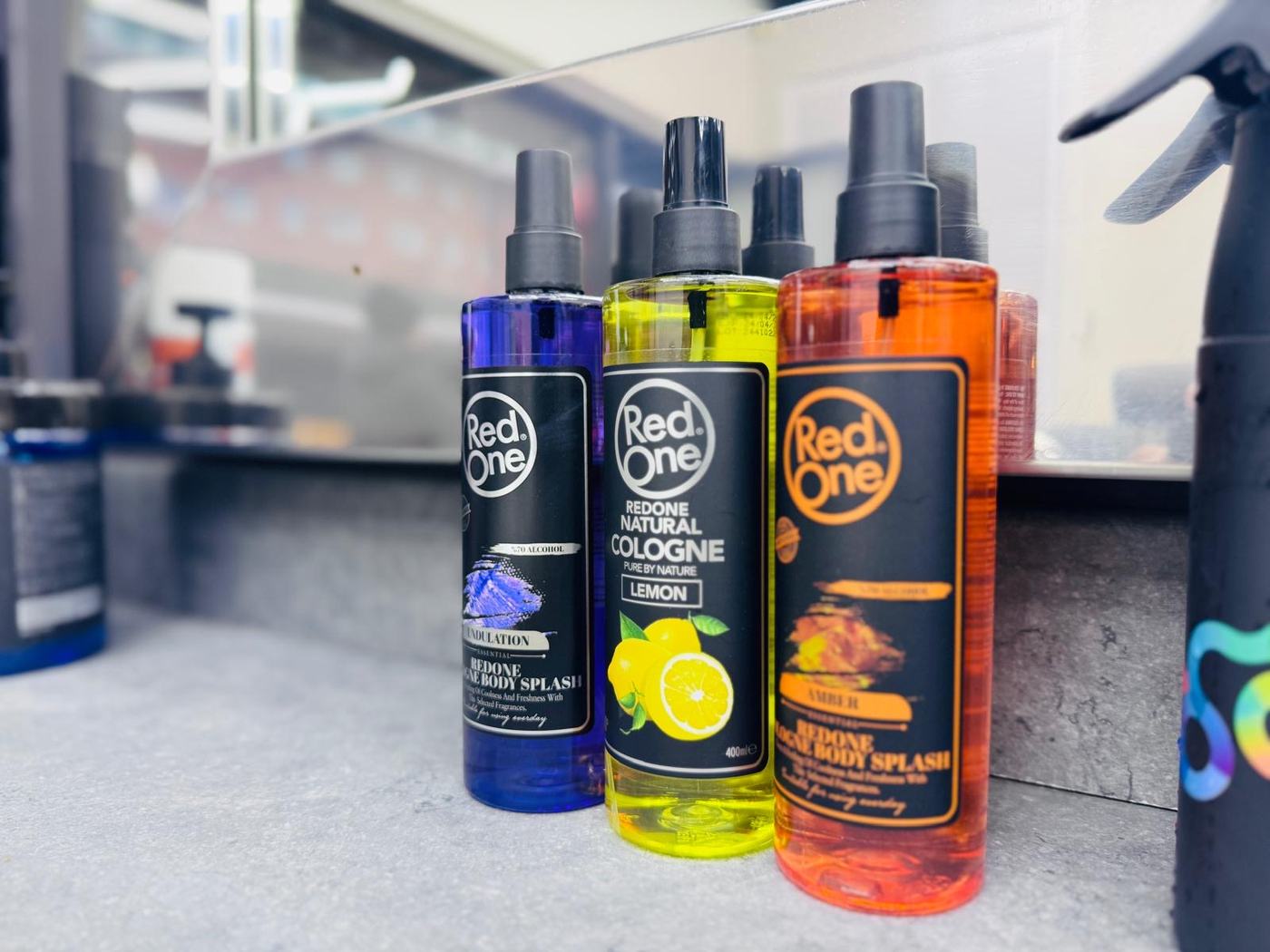 Aftershave and grooming products on the shelf